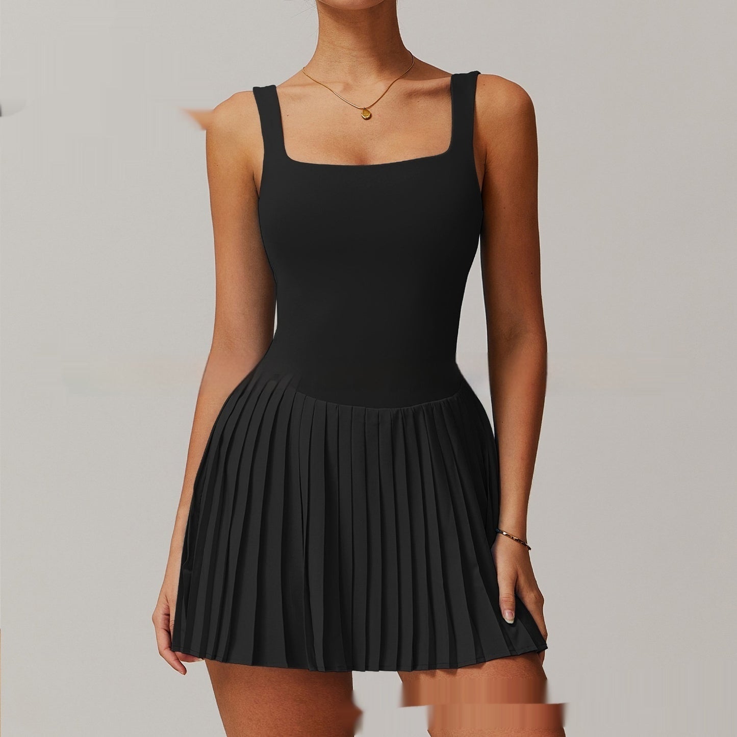 Yoga Jumpsuit with Fake Two-Piece Design – Anti-Wardrobe Malfunction, Tennis Base Fitness & Pleated Skirt - Euphoryas Tennis Co.