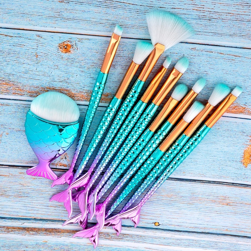 11pcs Mermaid Makeup Brush Set – Foundation, Eyebrow & Eyeliner Brushes for Flawless Cosmetic Application - Yas & Co.