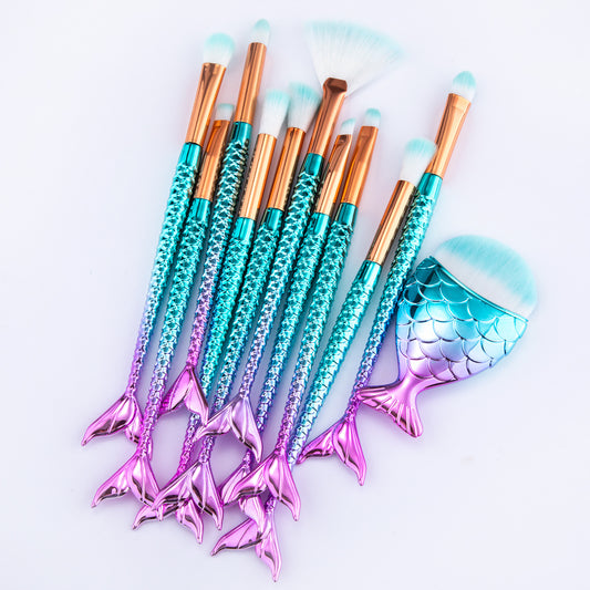 11pcs Mermaid Makeup Brush Set – Foundation, Eyebrow & Eyeliner Brushes for Flawless Cosmetic Application - Yas & Co.
