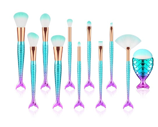 11pcs Mermaid Makeup Brush Set – Foundation, Eyebrow & Eyeliner Brushes for Flawless Cosmetic Application - Yas & Co.